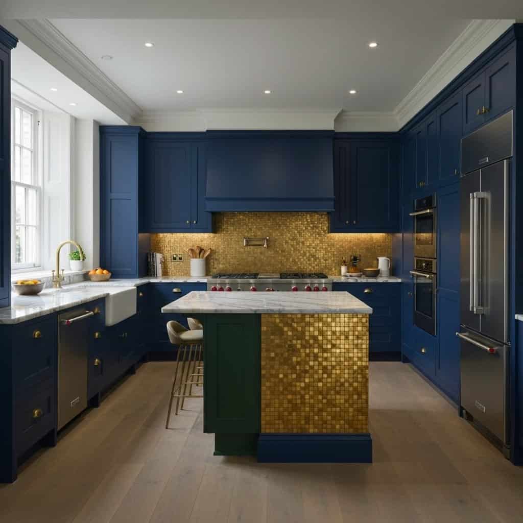 Granatowa i butelkowa zieleń w kuchni: odważne połączenie pełne elegancji